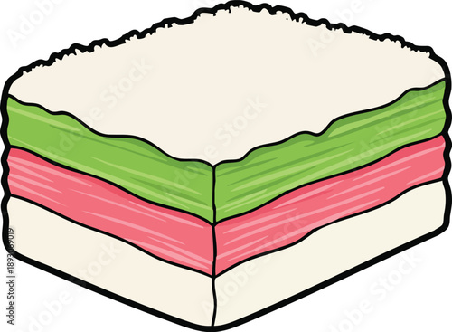 Delicious Layered Cake Slice with Green and Pink Frosting.