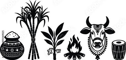 Pongal festival style vector silhouettes sugarcane decorated cow stove pot boiling rice harvest celebration traditional south indian rural scene ceremonial fire drum banana leaf offering ornamented