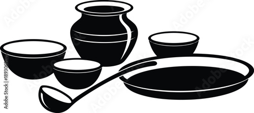 Flat design black silhouette kitchenware set with ladle clay jug bowls and plate low angle close up on white background rustic cooking mood minimal vector isolated