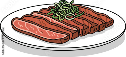 Delicious Sliced Beef Steak with Green Onions on a White Plate.