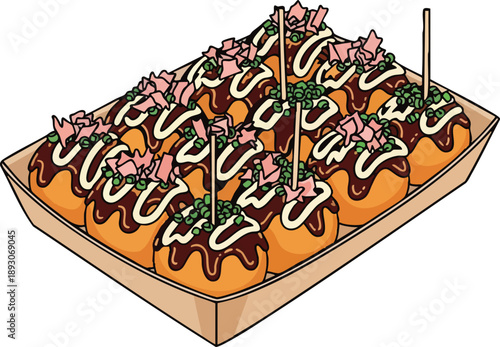 Delicious Takoyaki Balls with Sauce and Toppings in a Tray.