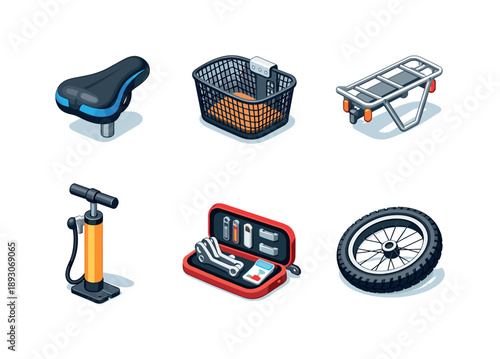Isometric Bike Accessories. Bike accessories. Isometric flat vector icons set of Bike accessories: saddle seat, handlebar basket, rear rack, bike pump, repair