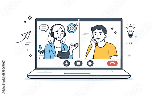 Online Coaching Session. Career coaching online session. Coach and client connected via video call on a laptop screen, friendly expressions and
