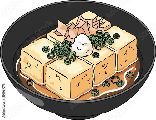 Japanese Agedashi Tofu in a Black Bowl with Broth and Garnishes.