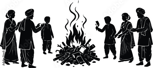 Traditional silhouette vector of family circle around bonfire celebrating winter festival with folk dress children clapping woman with dupatta man with turban angle view warm mood