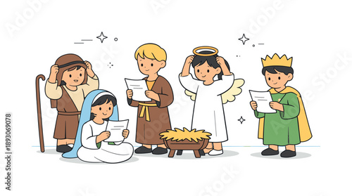 Nativity Play Rehearsal. Children in nativity play rehearsal. Children holding scripts and adjusting costumes before the performance. Quiet focus and shared