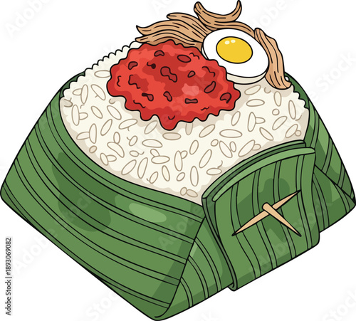 Nasi Lemak Traditional Malaysian Dish Wrapped in Banana Leaf.