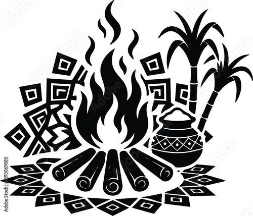 Tribal silhouette bonfire close up with decorative pot palm trees patterned mat and burning logs viewed from low angle in vector flat design monochrome bold graphic