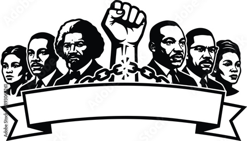 Stencil style close up group portrait of civil rights leaders raising a chained fist above a blank ribbon banner high contrast black white vector monochrome emblem