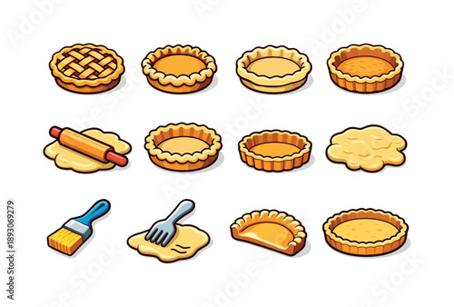 Pie Crust Icons. Pie crust. Colorful isometric vector icons set of Pie crust: lattice crust pie, crimped pie edge, raw dough rim, baked pie shell, rolling pin