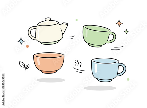 Minimalist Stoneware Tea Set. Minimal tea set. A small group of stoneware tea cups with clean silhouettes and muted colors, floating gently in an