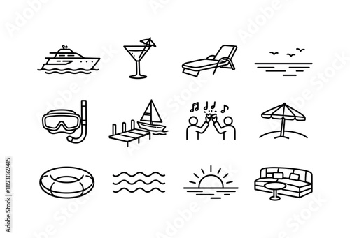 Yacht Lifestyle Icons. Yacht lifestyle. Line icon set of Yacht lifestyle: luxury yacht, cocktail glass, sun lounger, sea horizon, snorkel gear, marina dock,