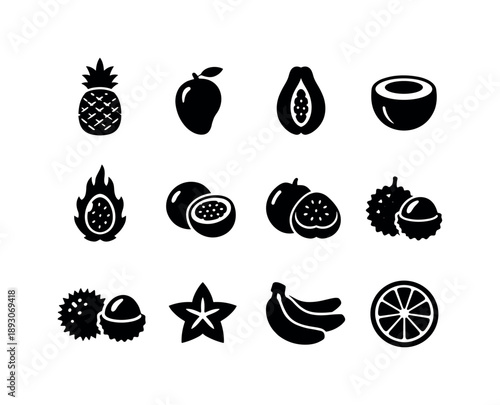 Tropical Fruits Icons. Tropical fruits. Solid icon set of tropical fruits: pineapple, mango, papaya, coconut, dragon fruit, passionfruit, guava, lychee,