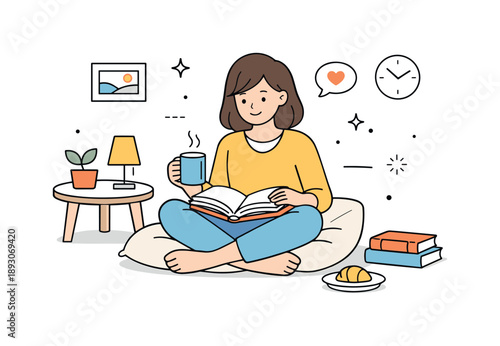 Cozy Reading Haven. Reading at home illustration. Cozy indoor scene with a character sitting with a book and a warm drink, expressing calm leisure time. Clean
