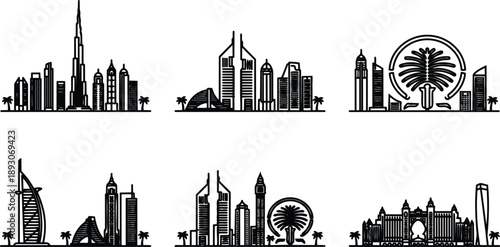 Line art dubai skyline with burj khalifa palm jumeirah burj al arab and atlantis icons arranged in six compositions minimal black outline horizontal line silhouette detail