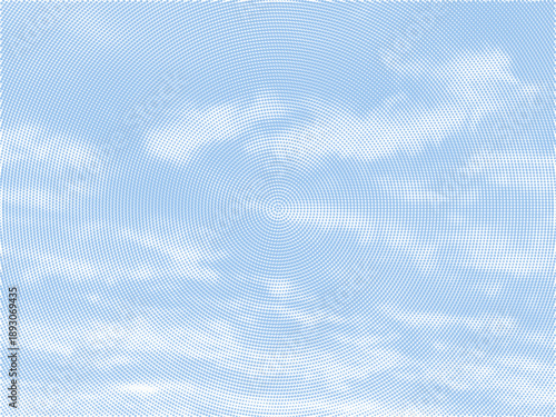 Color halftone texture of blue sky with clouds. Abstract cloud pattern vector dotted pixel texture background with copy space.	
