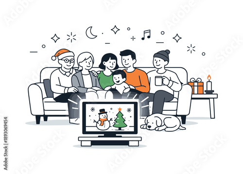 Festive TV Gathering. Group watching holiday TV special. Family and friends sitting together on a couch, watching a festive show on television. Cozy