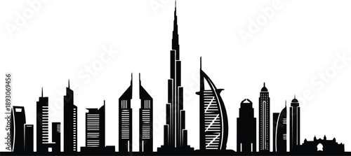 Minimalist silhouette vector skyline showing burj khalifa and burj al arab among modern glass towers panoramic black cityscape low angle dramatic vertical emphasis clean vector art
