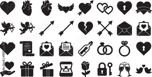 Valentine day love and romance icons. heart, cupid, gift, ring, and more symbols. vector silhouette