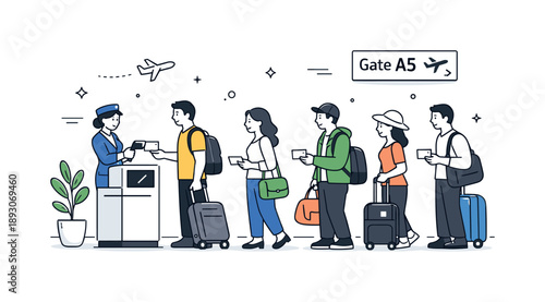 Calm Airport Boarding. Airport travelers boarding. Passengers lining up at the gate with boarding passes and carry-on bags, calm and orderly flow. Readiness,