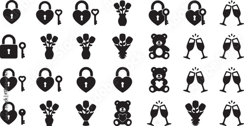 Heart lock and key silhouettes set. love and romance symbols. wedding and valentine day icons