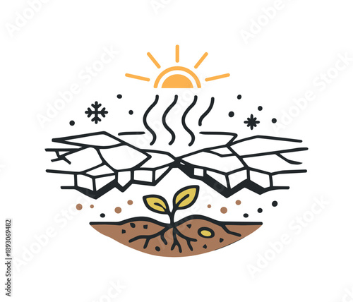 Seasonal Transition Art. Nature awakening concept. Cracked frozen surface with warm air lines and sunlight gently reaching the soil beneath. Abstract but