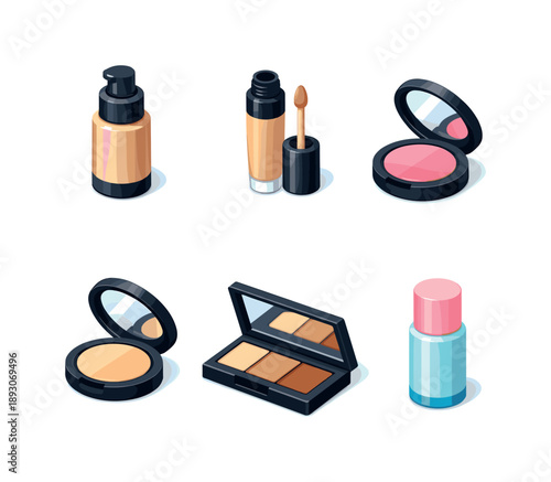 Colorful Makeup Grid. Face Makeup. Isometric flat vector icons set of Face Makeup: liquid foundation bottle, concealer tube, blush compact, highlighter