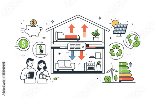 Efficient Home Climate. Energy-efficient HVAC. A cutaway house showing balanced heating and cooling airflow, icons of savings and sustainability floating