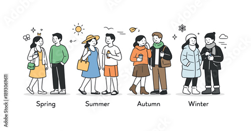 Seasonal Fashion Comparisons. Fashion seasons overview. Characters comparing outfits for different seasons, light layering and fabric changes, smooth