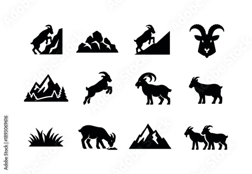 Mountain Goats Icons. Mountain goats. Solid icon set of Mountain goats: climbing goat, rocky hill, steep slope, goat with horns, mountain terrain, goat