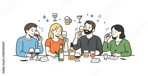Savoring Spirits Together. Tasting session. People sampling different alcoholic beverages, with glasses and small notes for evaluation, creating a relaxed and