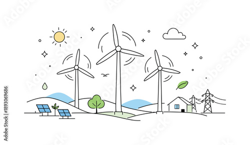 Sustainable Energy Harmony. Wind farms and renewable energy sources. Tall wind turbines rotating slowly in an open landscape, calm sky and clean horizon. The