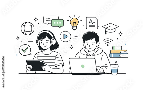 Online Learning Teens. Teenagers studying online. Teenagers learning from a tablet or laptop with digital icons nearby. Blended learning and quiet