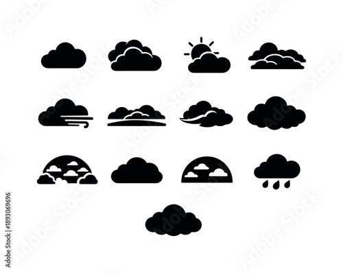 Cloudy Sky Icons. Cloudy Sky. Solid icon set of Cloudy Sky: cloud, overcast cloud, sun behind cloud, layered clouds, wind cloud, gray sky horizon, drifting
