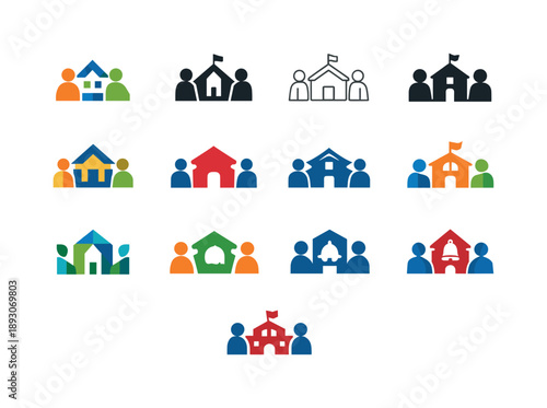 Parent-Teacher Meeting Logos. Parent-teacher meetings. Icon set. Set Logo of Parent-teacher meetings: school building with two adult figures. harmonious logo