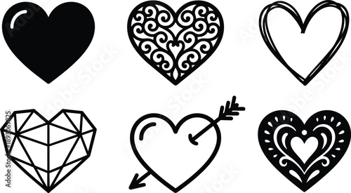 Line art vector heart icon set six hand drawn and geometric hearts two rows three columns black silhouette and outline variations with arrow and filigree details