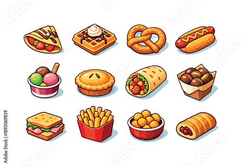 European Snack Icons. European snacks. Colorful isometric vector icons set of European snacks: crepe, waffle, pretzel, bratwurst, gelato cup, meat pie, kebab