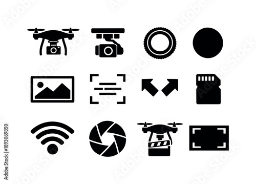 Drone Icon Set. Camera Drone. Solid icon set of Camera Drone: drone with camera, gimbal mount, lens focus ring, video recording dot, photo frame, stabilization