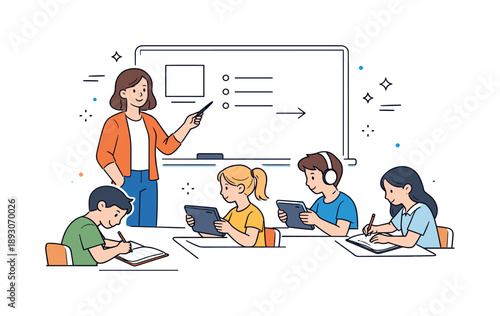 Classroom Learning Scene. Teacher and students classroom. Teacher standing near a board with simple notes while students work on notebooks and tablets. Focused