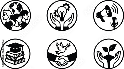 Flat vector icon set six circular social icons people community global innovation lightbulb hands communication megaphone education books graduation peace handshake dove and sustainable plant care