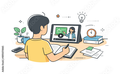 Digital Learning Scene. Casual learning lifestyle. A person watching an educational video on a tablet while taking notes on a sunny desk. Soft focus and