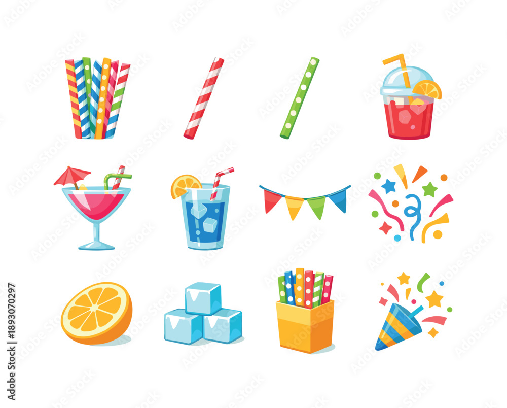 Obraz premium Colorful Party Straws. Party Paper Straws. Colorful flat vector icons set of Party Paper Straws: colorful paper straws, striped straw, polka dot straw, drink