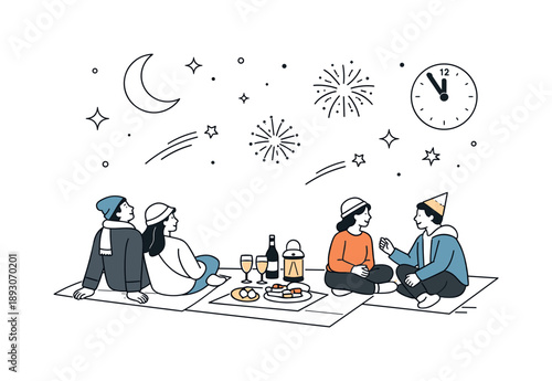 New Year's Eve Picnic. Picnic on New Year?s Eve night. People watching the sky and chatting quietly, peaceful pause before midnight in an open-air setting.
