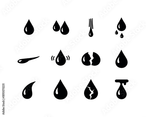 Tear Icons Collection. Tear symbols. Solid icon set of tear symbols: single tear, double tear, streaked tear line, falling droplet, long tear trail, trembling