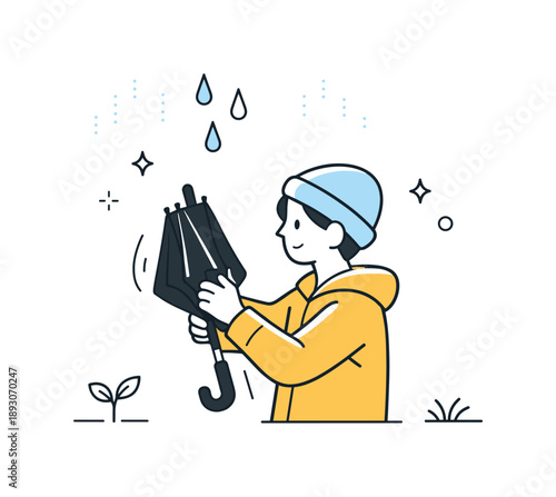 Closing Umbrella in Rain. Umbrella and rain elements. A person closing an umbrella as rain slowly stops, a few drops still falling, quiet transition and gentle