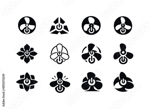 Fan Activation Icons. Turning on a fan. Icon set. Set Logo of turning on a fan: cooling device activation. harmonious logo variations of the same emblematic