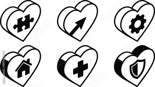 Isometric vector hearts set with six symbolic icons puzzle piece arrow up right gear house medical cross and shield in black outline three quarter angle perspective