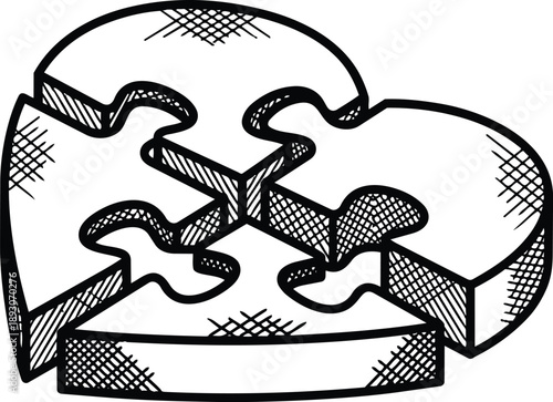 Hand drawn sketch heart puzzle pieces three dimensional isometric sliced view vector line art ink hatching close up top angle simple monochrome illustration transparent background isolated