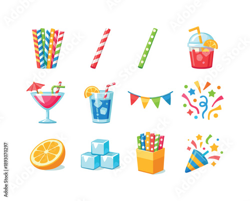 Colorful Party Straws. Party Paper Straws. Colorful flat vector icons set of Party Paper Straws: colorful paper straws, striped straw, polka dot straw, drink