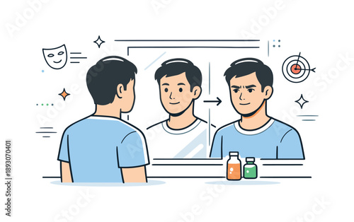Actor's Emotional Practice. Acting techniques. An actor practicing facial expressions in front of a mirror, subtle emotions shifting from calm to focused. The